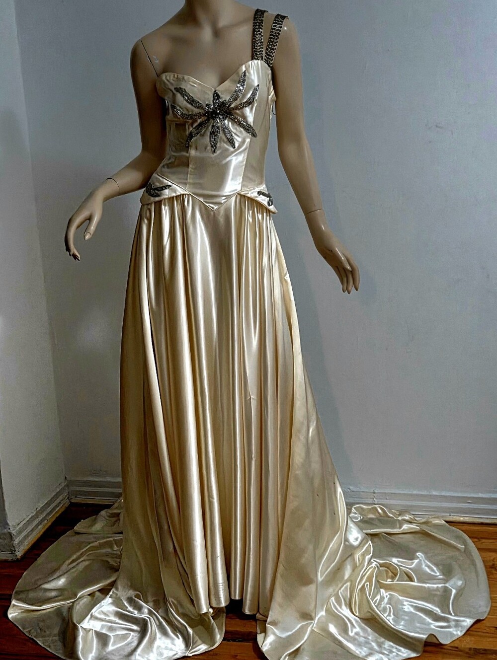 Vtg 1930s Liquid Satin Hand Beaded Jean Harlow Bridal Gown Superb - Picture 3 of 9